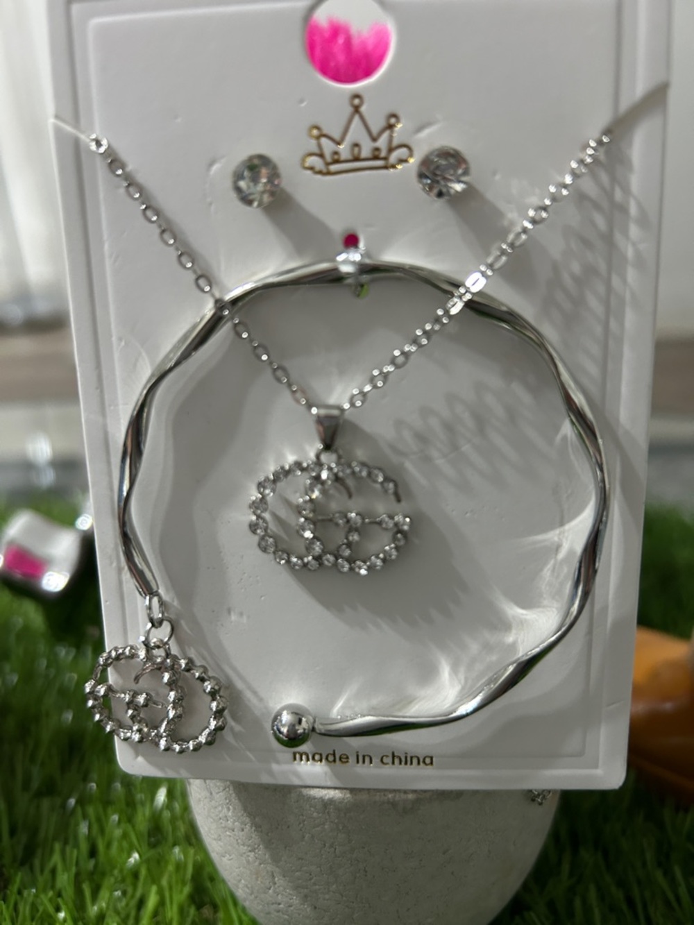 Silver Crystal Pendant Necklace & Bangle Set